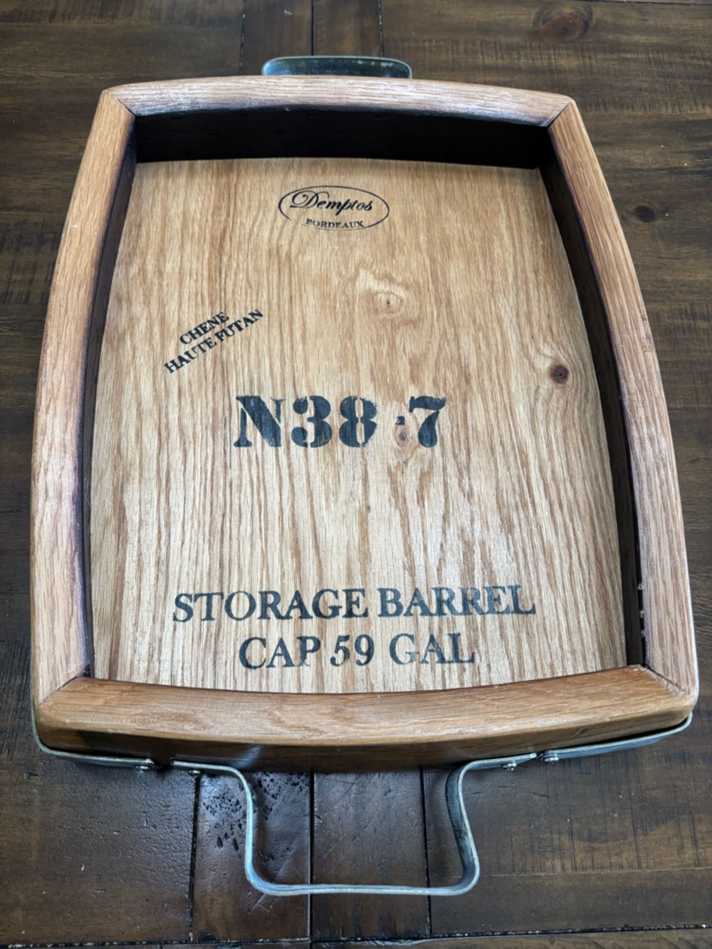 Heavy duty recycled wine barrel wood tray with metal handles